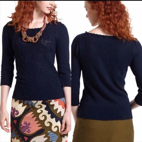 Anthropologie Sweaters - Knitted Knotted Blue Pointelle Floral Lace Embellished Boho Sweater Cardigan